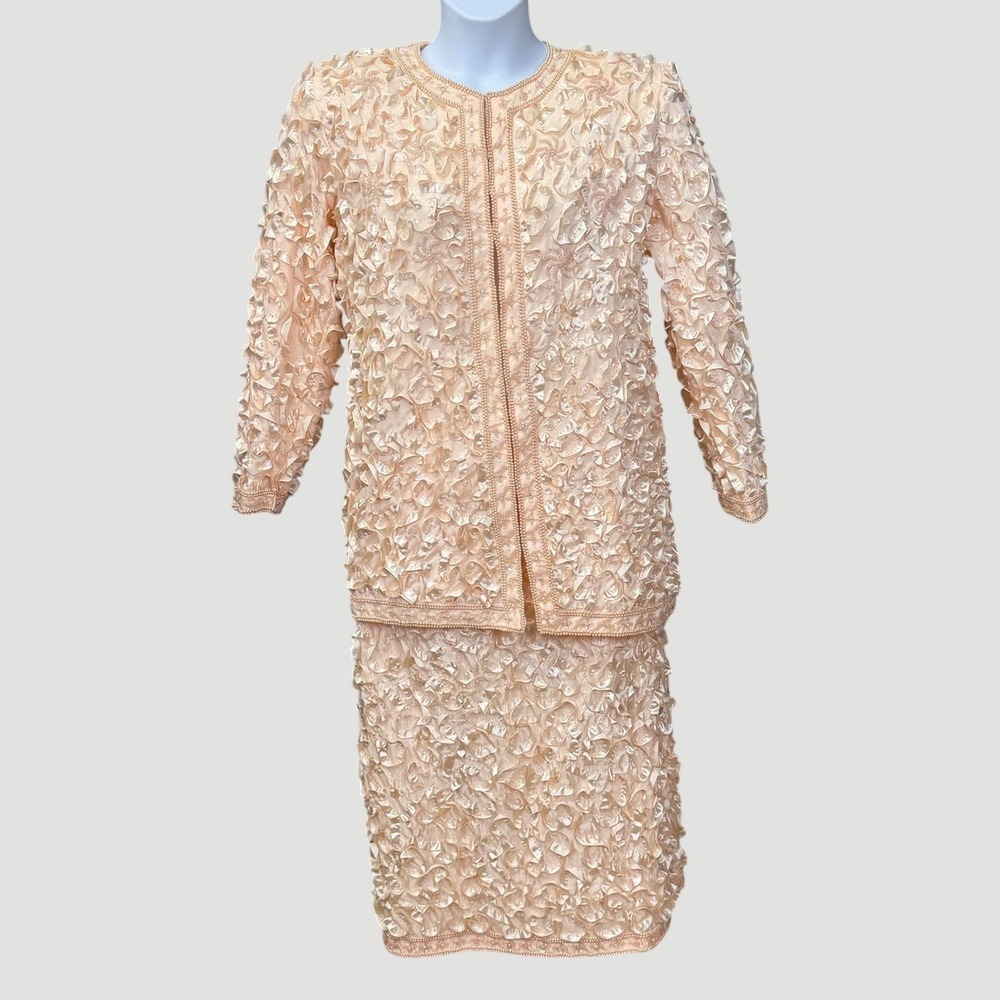 VTG New Look Skirt Suit Womens XL Pink Rayon Satin Beaded Jacket Midi Lined